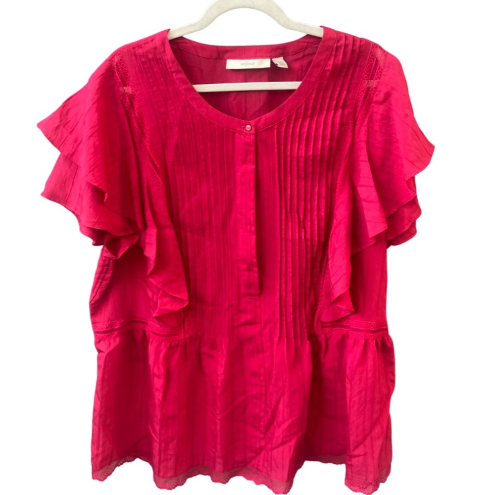 Sejour Hot Pink Ruffled Boho Cottagecore Peplum Top Sz 20W